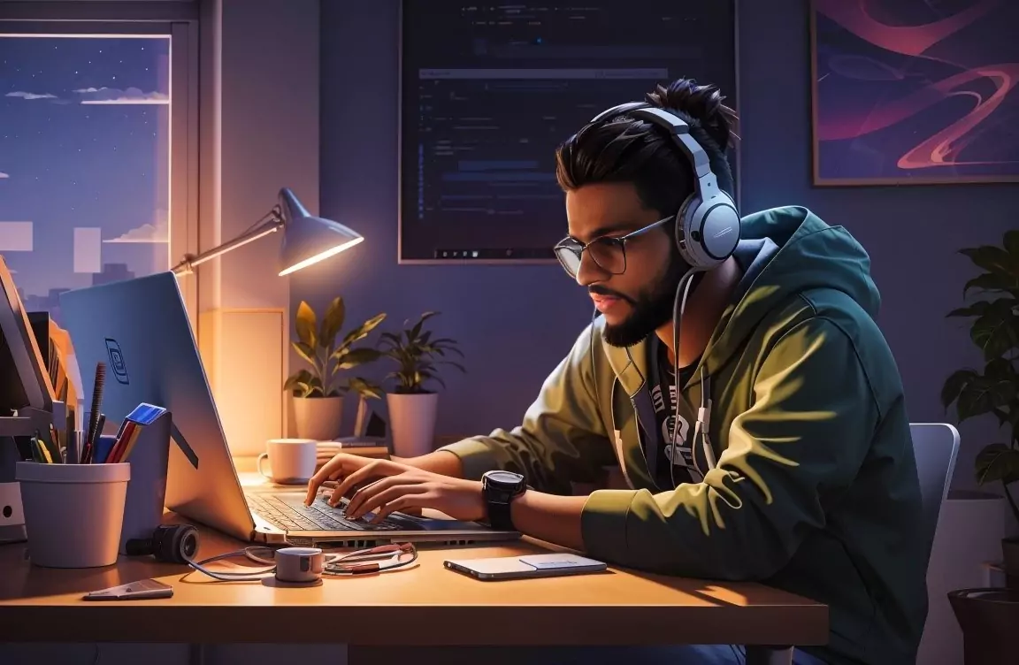 Banner image Nithin elambachi coding in his studio